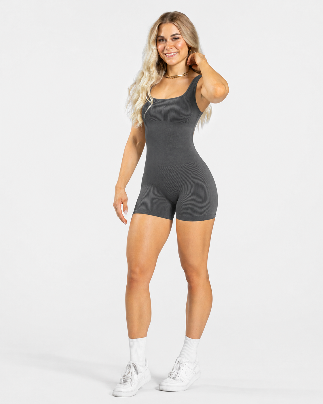 BEXIA Petite Padded Seamless Cami Romper in Grey — full-length front view