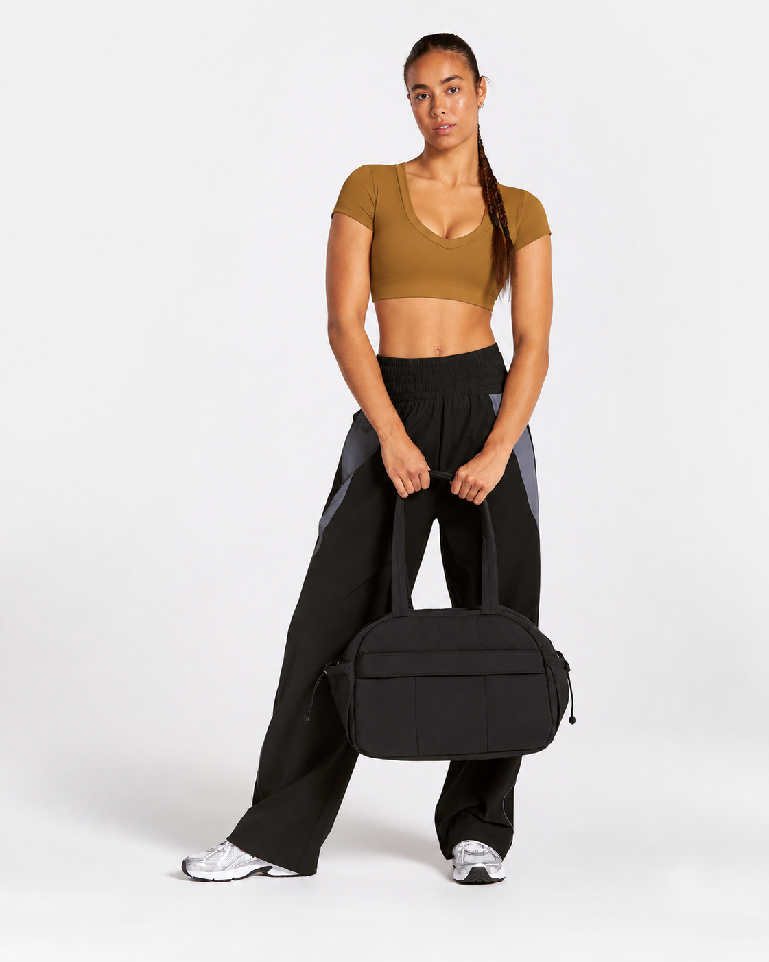 BEXIA Petite Scoop Neck Short Sleeve Crop Top in Brown — full-length front view