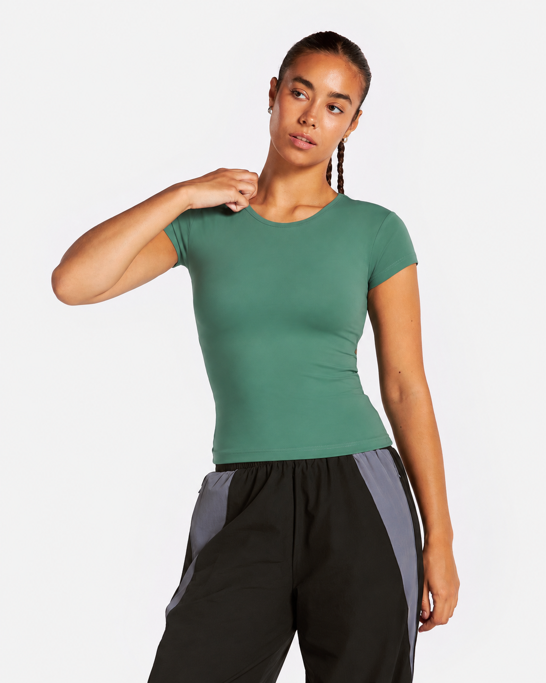 BEXIA Petite Short Sleeve Fitted Tee in Green — front view