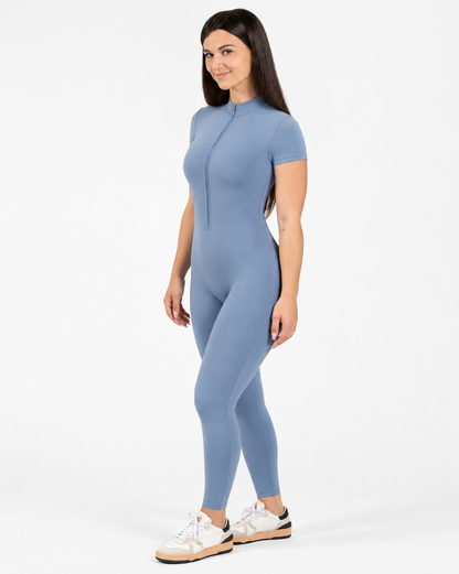 BEXIA Petite Short Sleeve Zip Jumpsuit in Blue — front view