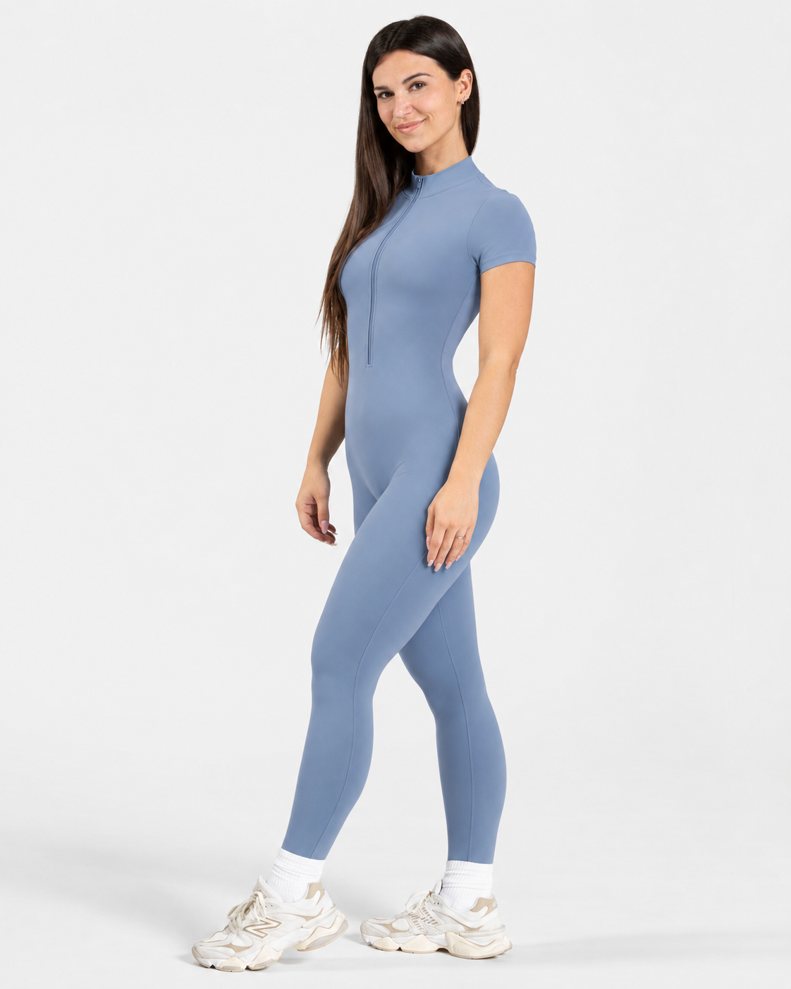 BEXIA Petite Short Sleeve Zip Jumpsuit in Blue — full-length front view