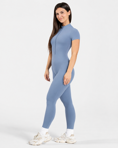 BEXIA Petite Short Sleeve Zip Jumpsuit in Blue — full-length front view