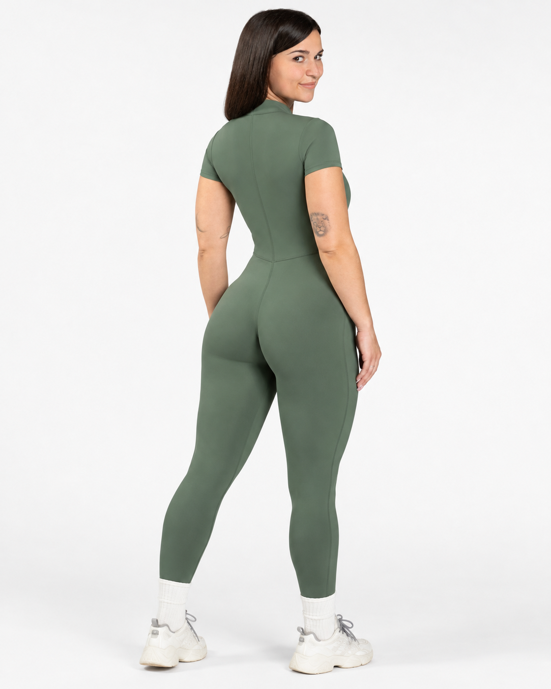 BEXIA Petite Short Sleeve Zip Jumpsuit in Green — back view