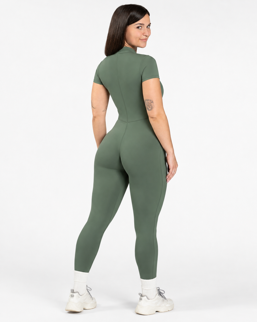 Petite Short Sleeve Zip Jumpsuit in Green