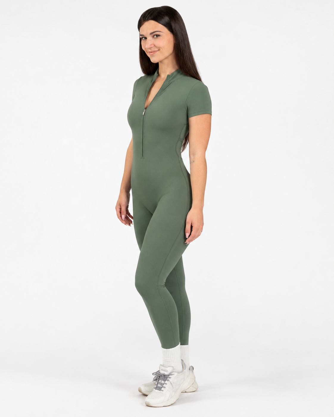 Petite Short Sleeve Zip Jumpsuit in Green