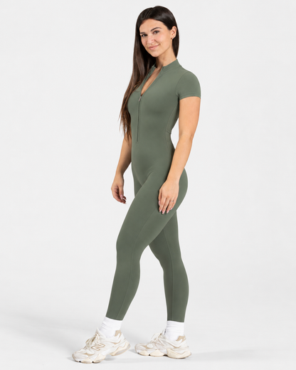 BEXIA Petite Short Sleeve Zip Jumpsuit in Green — full-length front view
