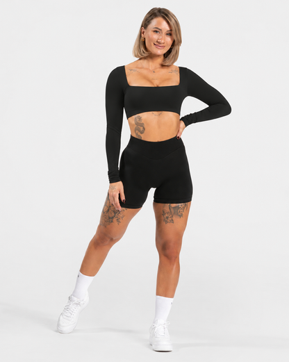 BEXIA Petite Square Neck Long Sleeve Crop Top in Black — full-length front view
