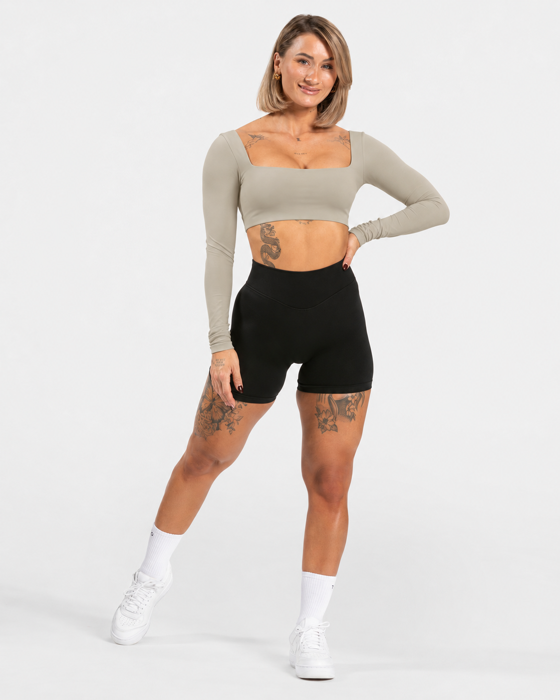BEXIA Petite Square Neck Long Sleeve Crop Top in Grey — full-length front view