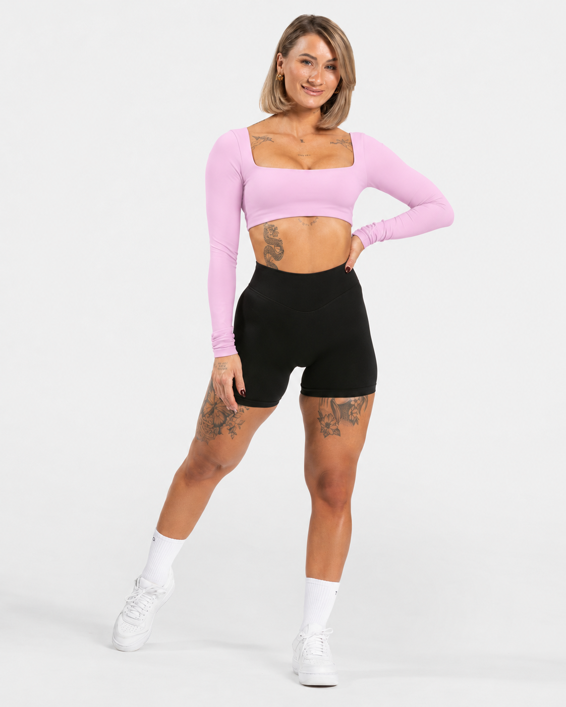 BEXIA Petite Square Neck Long Sleeve Crop Top in Lavender — full-length front view