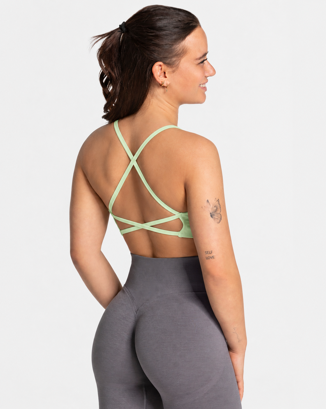 BEXIA Petite Strappy Back Padded Crop Top in Green — back view
