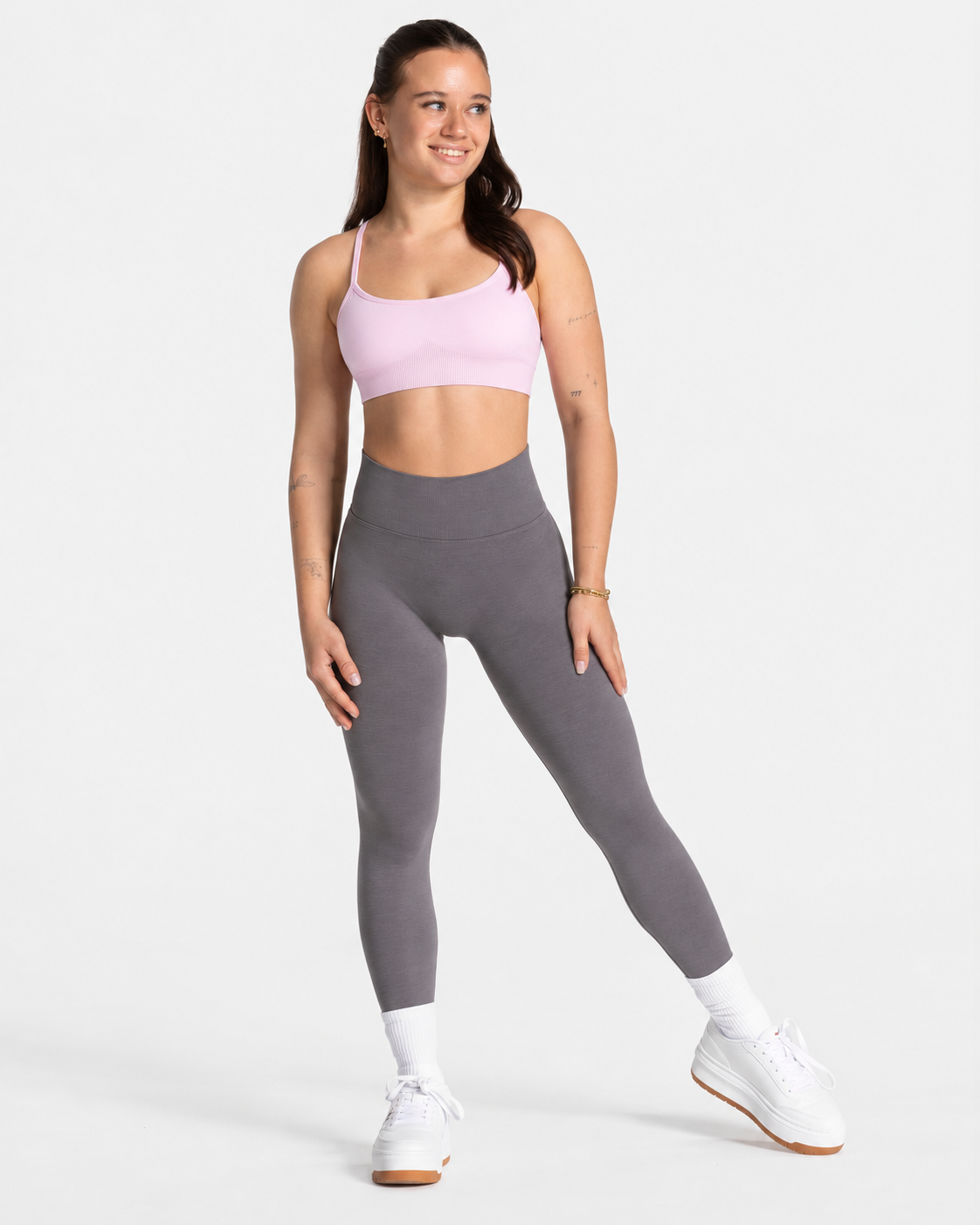 BEXIA Petite Strappy Back Padded Crop Top in Pink — full-length front view