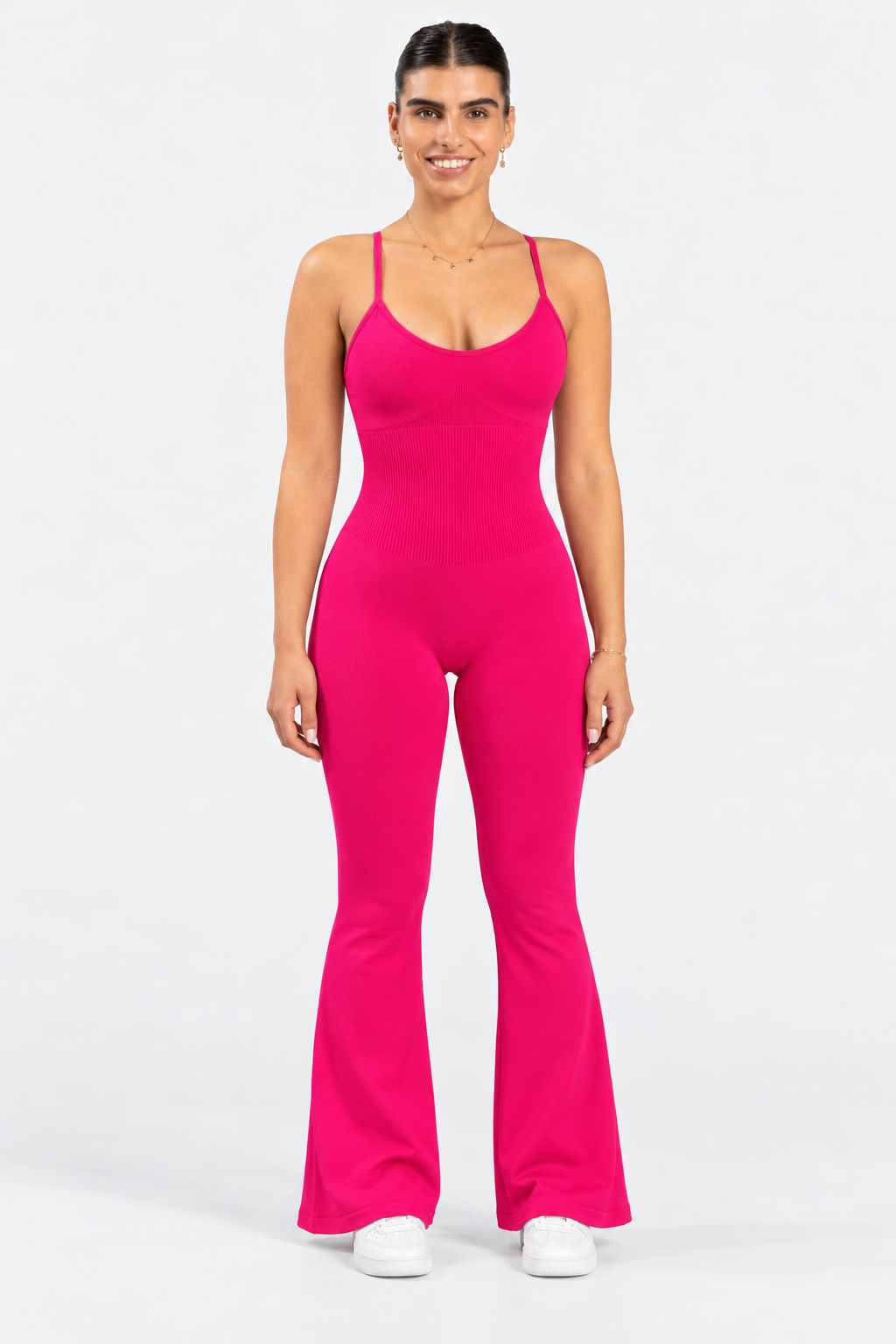 Contour Flared Cami Jumpsuit in Pink – front view