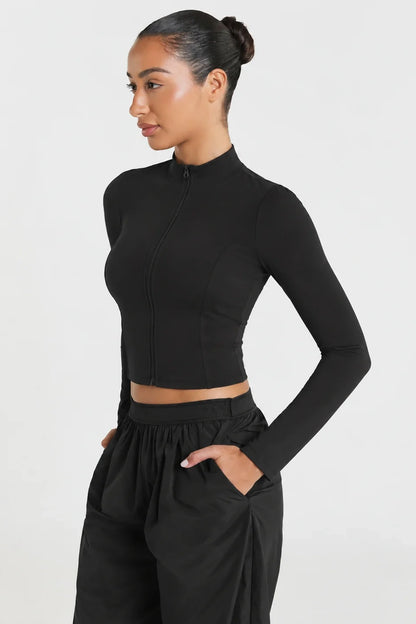 Petite Contour Zip Crop Top in Black