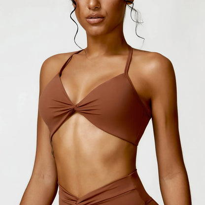 ADJUSTABLE STRAP HALTER NECK FRONT TWIST SPORTS BRA