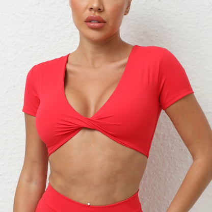FRONT TWIST NECK SHORTS SLEEVES CROP TOP