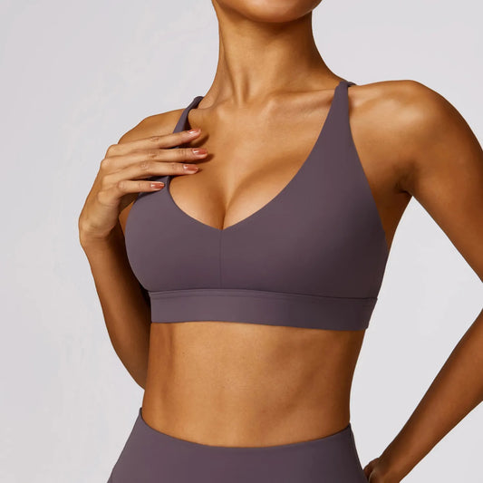 Cross Back Deep Neck Padded Sports Bra