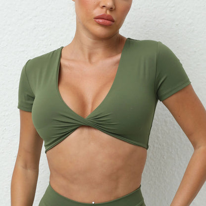 FRONT TWIST NECK SHORTS SLEEVES CROP TOP